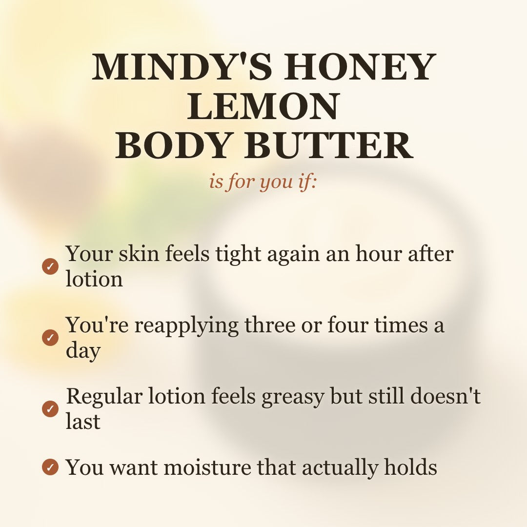 Mindy's Honey Lemon Whipped Tallow Body Butter is for you if your skin feels tight after lotion