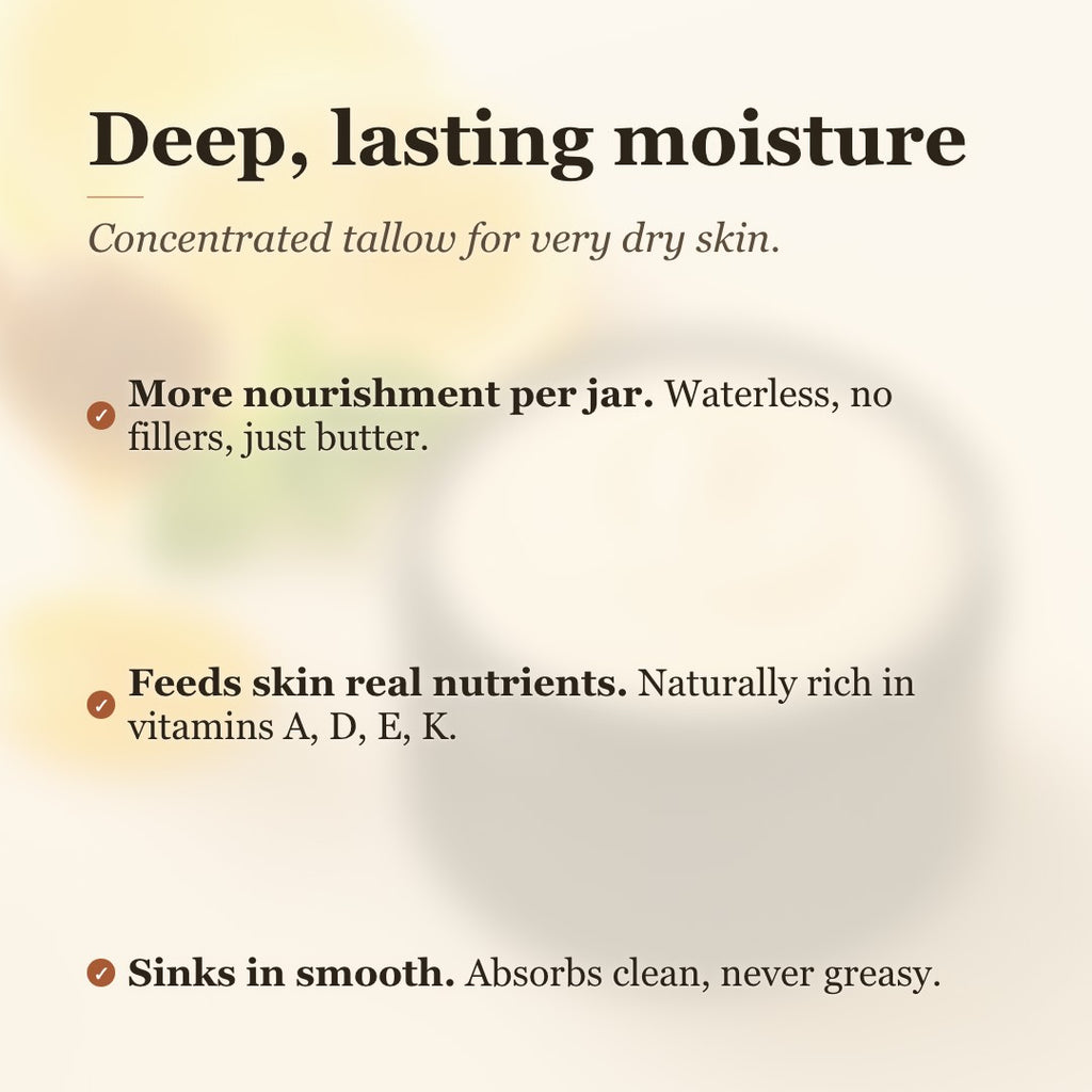 Mindy's Honey Lemon Whipped Tallow Body Butter benefits: deep lasting moisture, more nourishment per jar