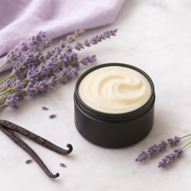 Lavender vanilla whipped tallow body butter in a matte black tin with lavender
