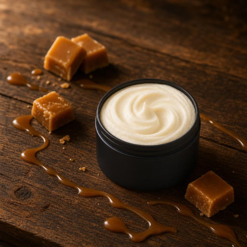 Toffee whipped tallow body butter in a matte black tin with toffee and caramel