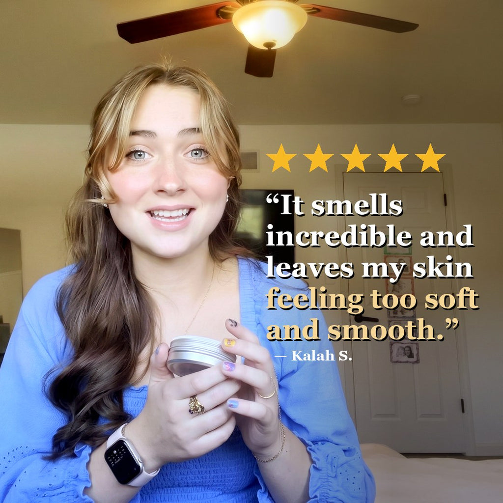 5-star customer review: Kalah S. says this whipped tallow body butter smells incredible and leaves skin soft and smooth