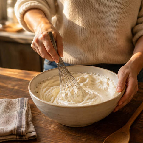 A person whipping fluffy tallow body butter in a ceramic bowl with a whisk